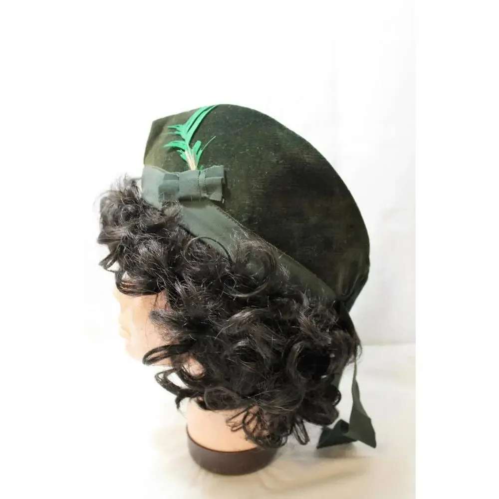 Vintage 1940s Girls' Forest Green Velvet Muff/Purse & Matching Hat